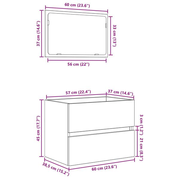 vidaXL Σετ Επίπλων Μπάνιου με συρτάρι 2 pcs Παλιό Ξύλο 57 x 37 x 45 εκ