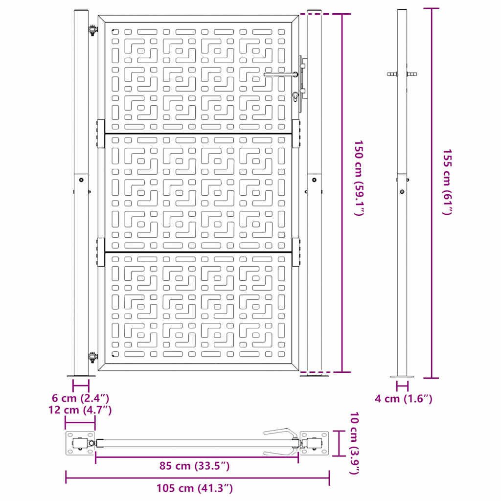 vidaXL Πύλη κήπου Μαύρη 105x155 cm Ατσάλινος Σταυρός Σχεδιασμός