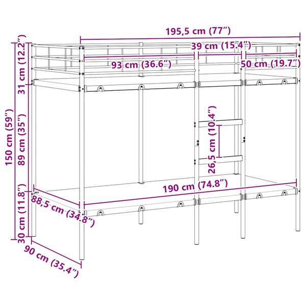 vidaXL Κουκέτα χωρίς στρώμα Λευκό 90x190 cm Ατσάλι