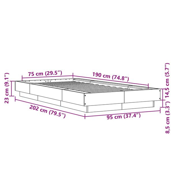 vidaXL Πλαίσιο Κρεβατιού με LED Γκρι Sonoma 75x190 εκ. Επεξεργ. Ξύλο