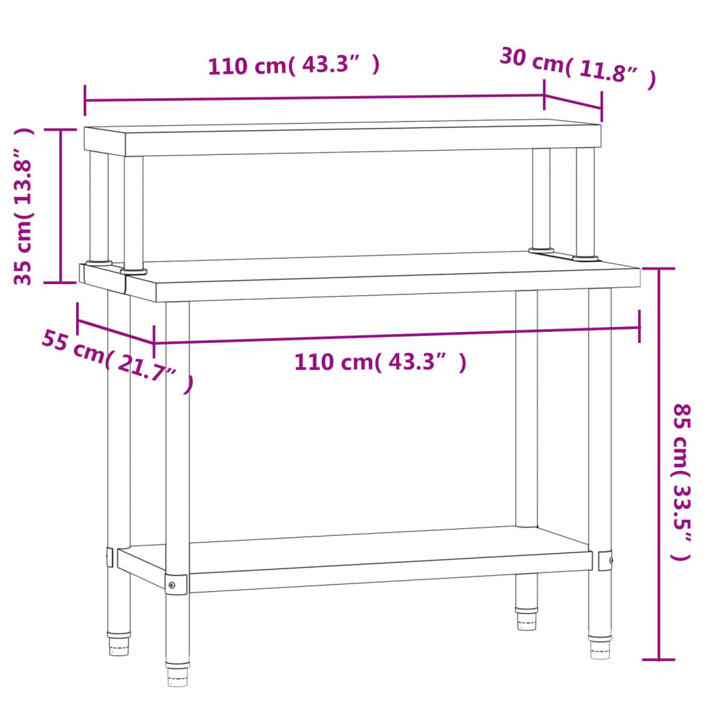 vidaXL Πάγκος Εργασίας Κουζίνας με Ράφι 110x55x120 εκ. Ανοξείδ. Ατσάλι