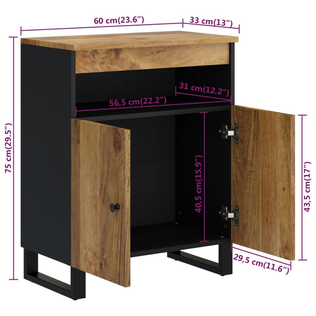 vidaXL Ντουλάπι με 2 Πόρτες 60 x 33 x 75 εκ. από Μασίφ Ξύλο Μάνγκο