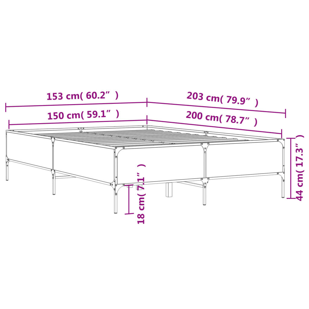 vidaXL Πλαίσιο Κρεβατιού Καπνιστή Δρυς 150x200εκ. Επεξ. Ξύλο & Μέταλλο
