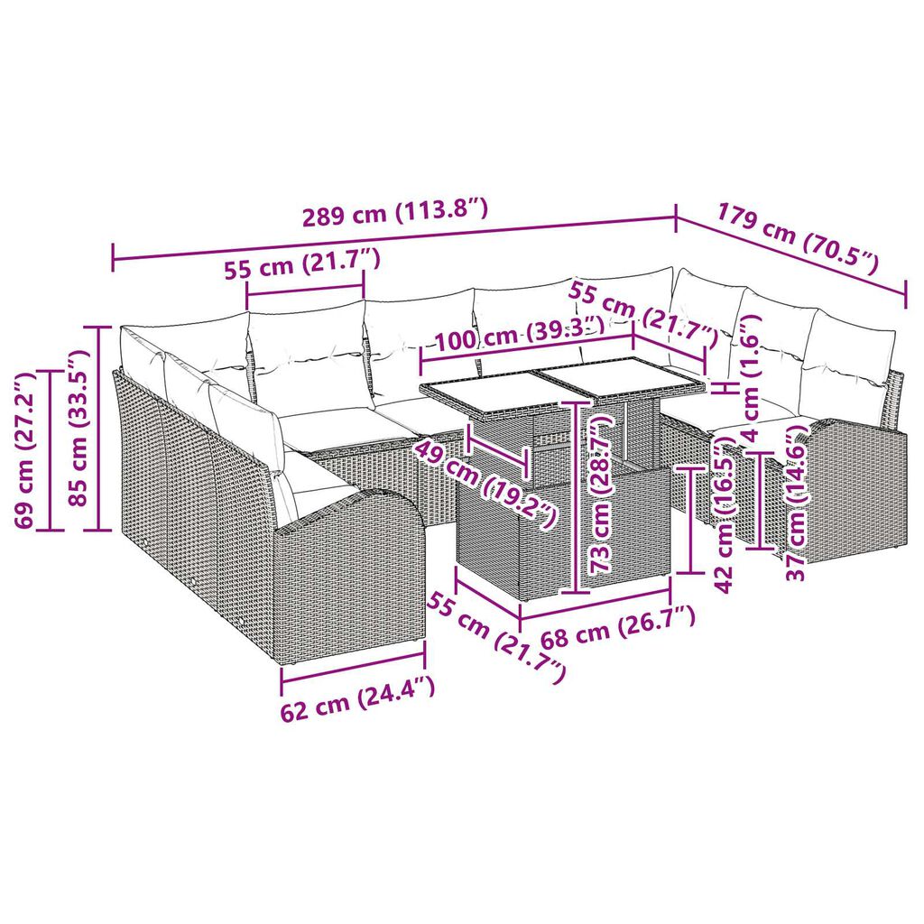 vidaXL Σετ Καναπέ Κήπου με μαξιλάρι 10 pcs Μαύρο 100 x 55 x 73 εκ