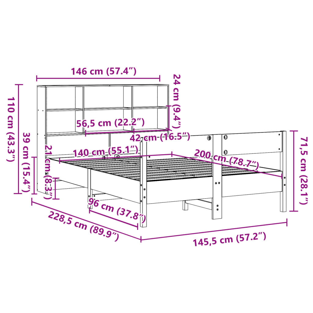 vidaXL Κρεβάτι Βιβλιοθήκη Χωρίς Στρώμα 140x200 εκ Μασίφ Ξύλο Πεύκο