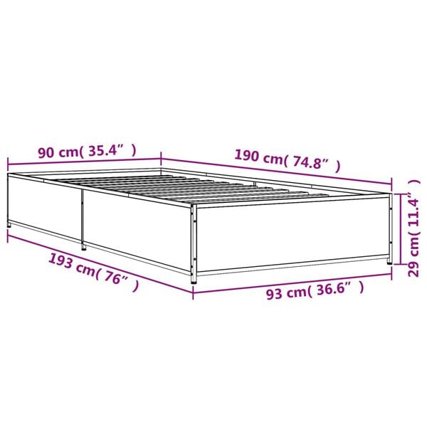 vidaXL Πλαίσιο Κρεβατιού Καφέ Δρυς 90 x 190 εκ. Επεξ. Ξύλο & Μέταλλο