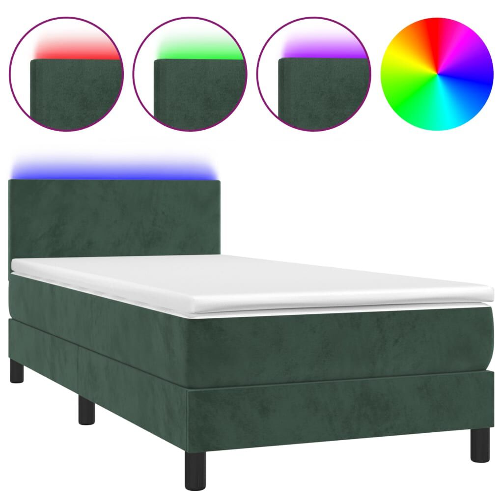 vidaXL Κρεβάτι Boxspring με Στρώμα & LED Σκ. Πράσινο 90x200 εκ Βελούδο