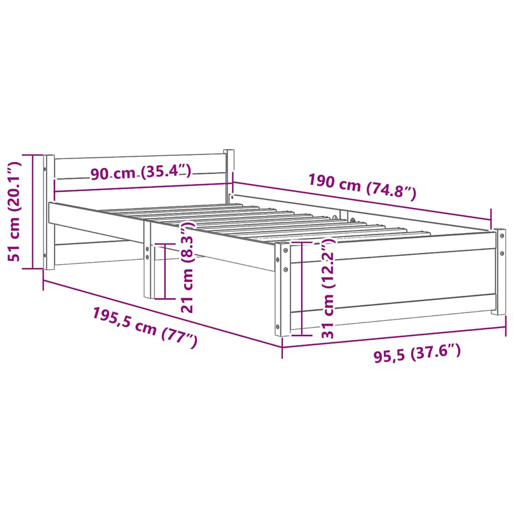 vidaXL Πλαίσιο Κρεβατιού Μελί 90 x 190 εκ. από Μασίφ Ξύλο Single