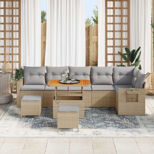 vidaXL Σετ Καναπέ Κήπου Ρυθμιζόμενο ύψος 9 pcs Μπεζ συνθετικό ρατάν
