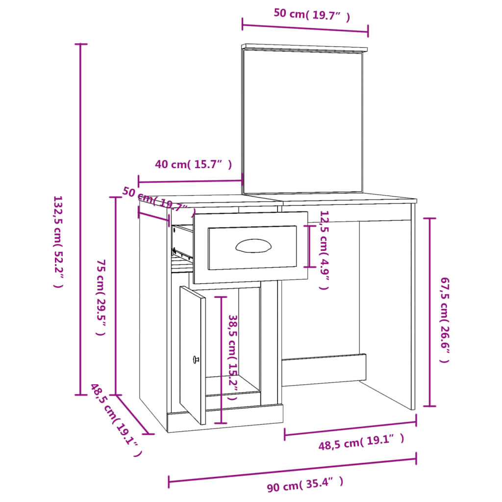 vidaXL Μπουντουάρ με Καθρέφτη Λευκό 90 x 50 x 132,5 εκ. Επεξεργ. Ξύλο