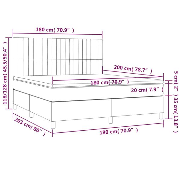 vidaXL Κρεβάτι Boxspring με Στρώμα & LED Σκ.Καφέ 180x200εκ. Υφασμάτινο