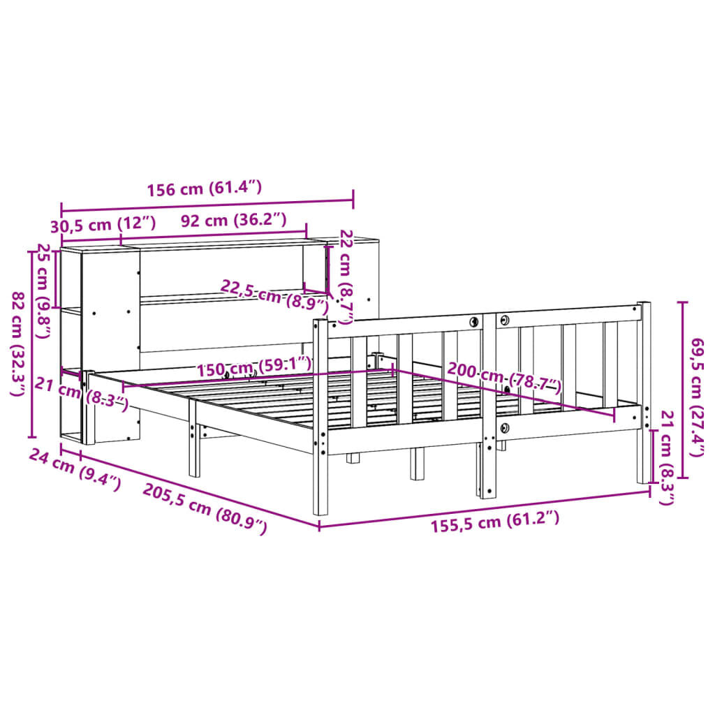 vidaXL Κρεβάτι Βιβλιοθήκη Χωρίς Στρώμα 150x200 εκ Μασίφ Ξύλο Πεύκου