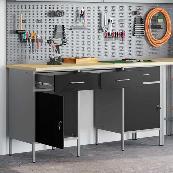 vidaXL Ντουλάπα Εργασίας με συρτάρι 3 pcs Μαύρο 150 x 55 x 85 εκ