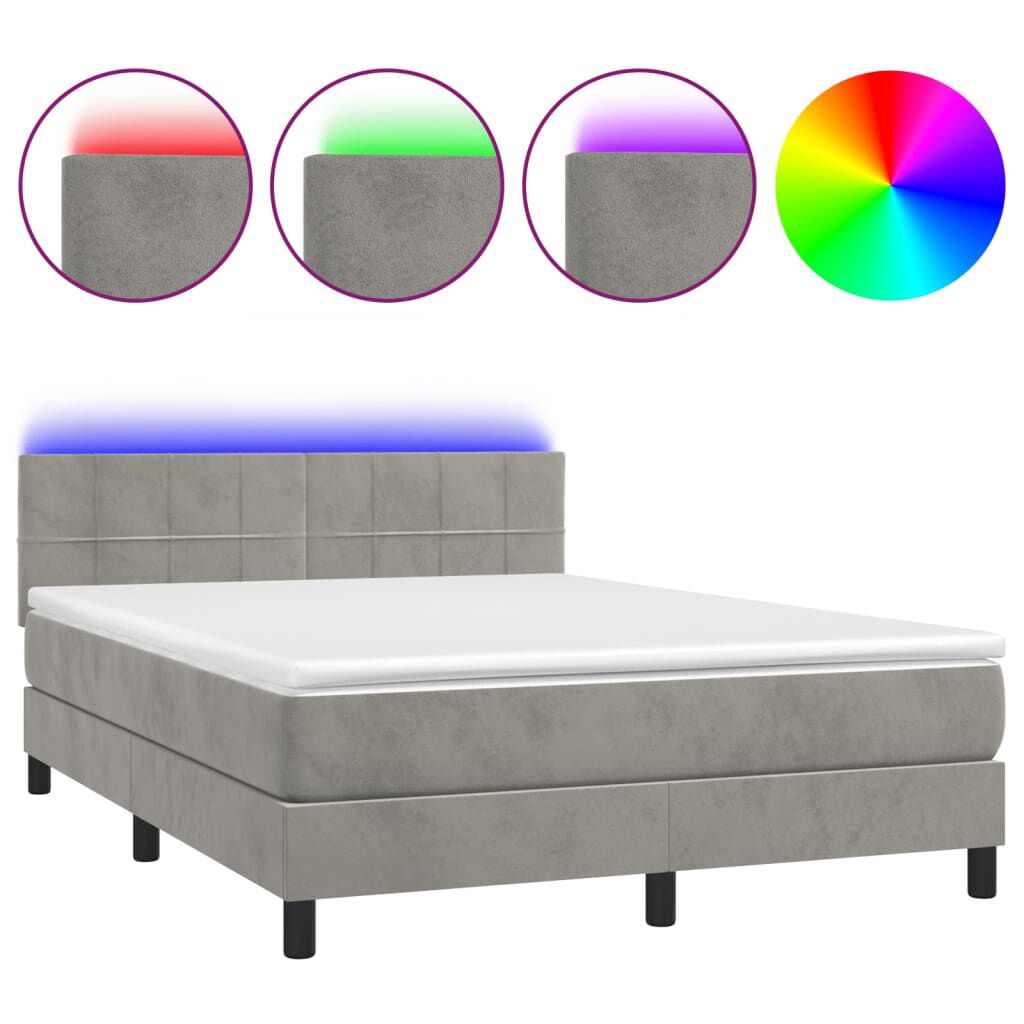 vidaXL Κρεβάτι Boxspring με Στρώμα & LED Αν.Γκρι 140x200 εκ. Βελούδινο