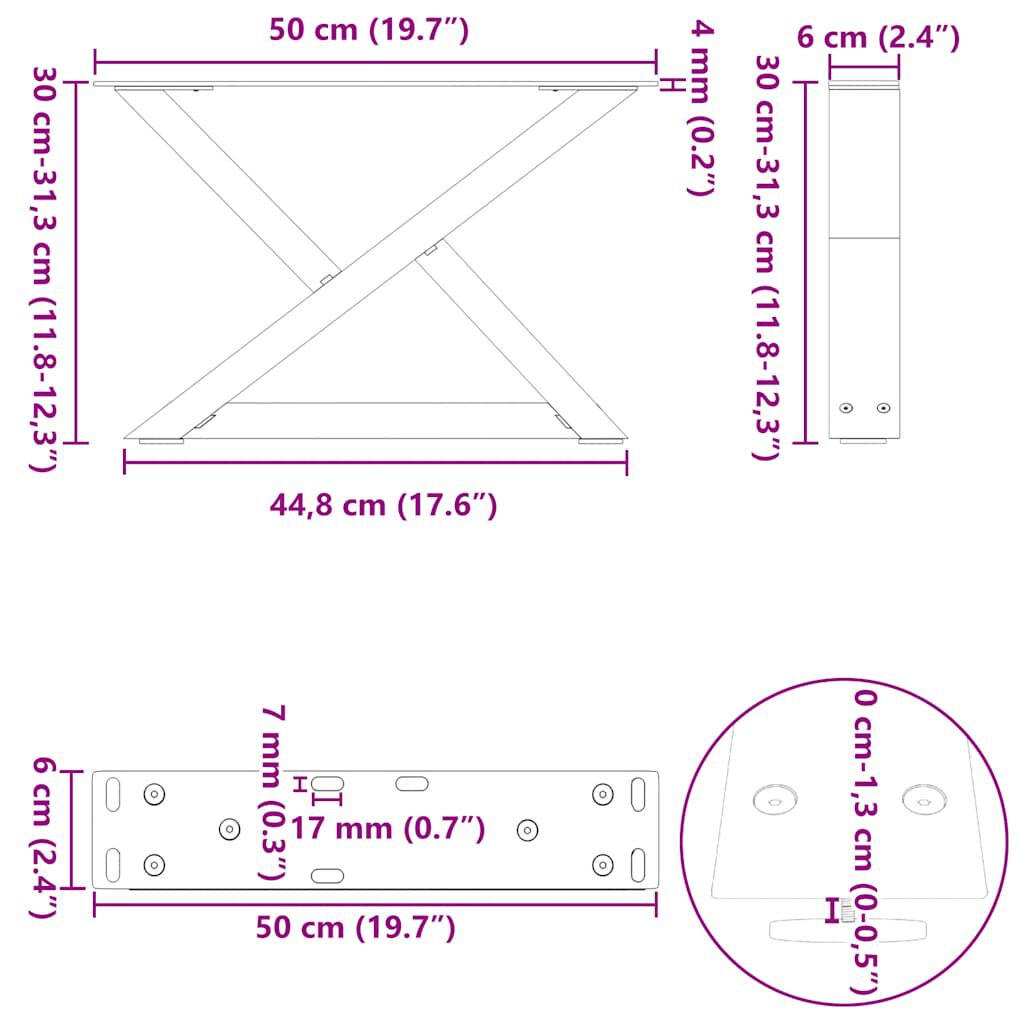 vidaXL Πόδια τραπεζιού σαλονιού 2 τεμάχια Μαύρο 50x(30-31,3) cm Ατσάλι