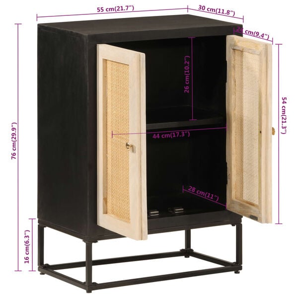 vidaXL Ντουλάπι Μαύρο 55x30x76 εκ. από Μασίφ Ξύλο Μάνγκο και Σίδηρο