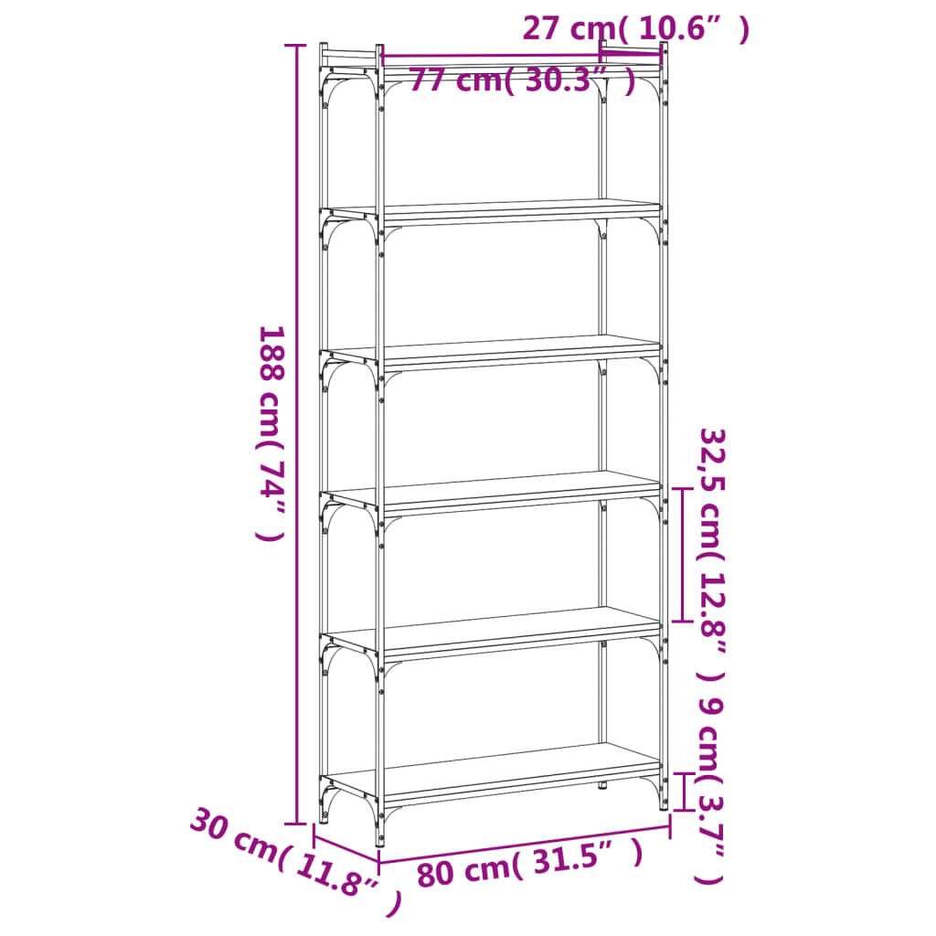 vidaXL Βιβλιοθήκη 6 Επιπέδων Γκρι Sonoma 80x30x188 εκ. Επεξεργ. Ξύλο