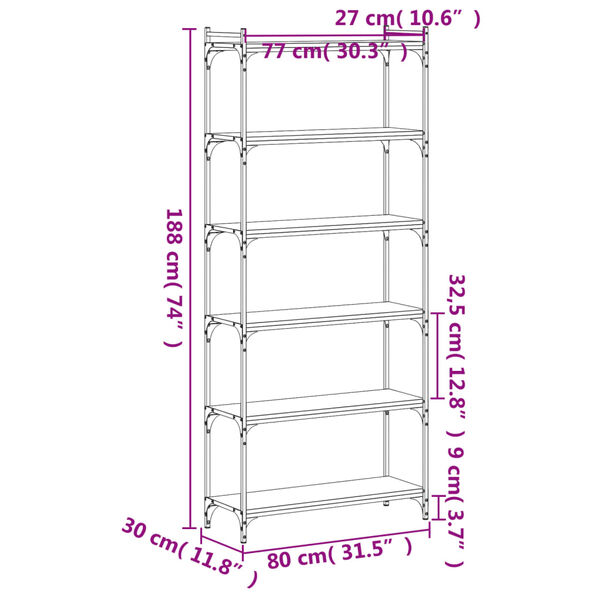 vidaXL Βιβλιοθήκη 6 Επιπέδων Γκρι Sonoma 80x30x188 εκ. Επεξεργ. Ξύλο
