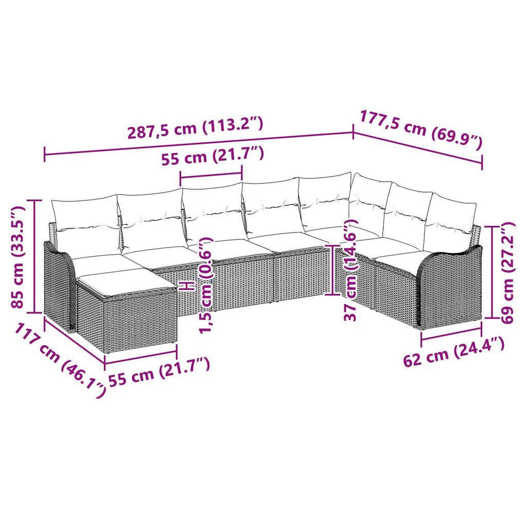 vidaXL Σετ Καναπέ Κήπου με μαξιλάρι 9 pcs Ανοιχτό γκρι Πολυ ράταν
