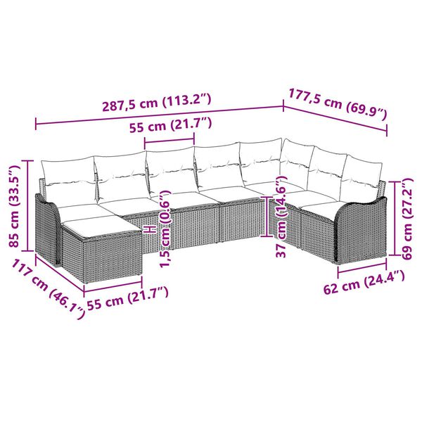 vidaXL Σετ Καναπέ Κήπου με μαξιλάρι 9 pcs Ανοιχτό γκρι Πολυ ράταν