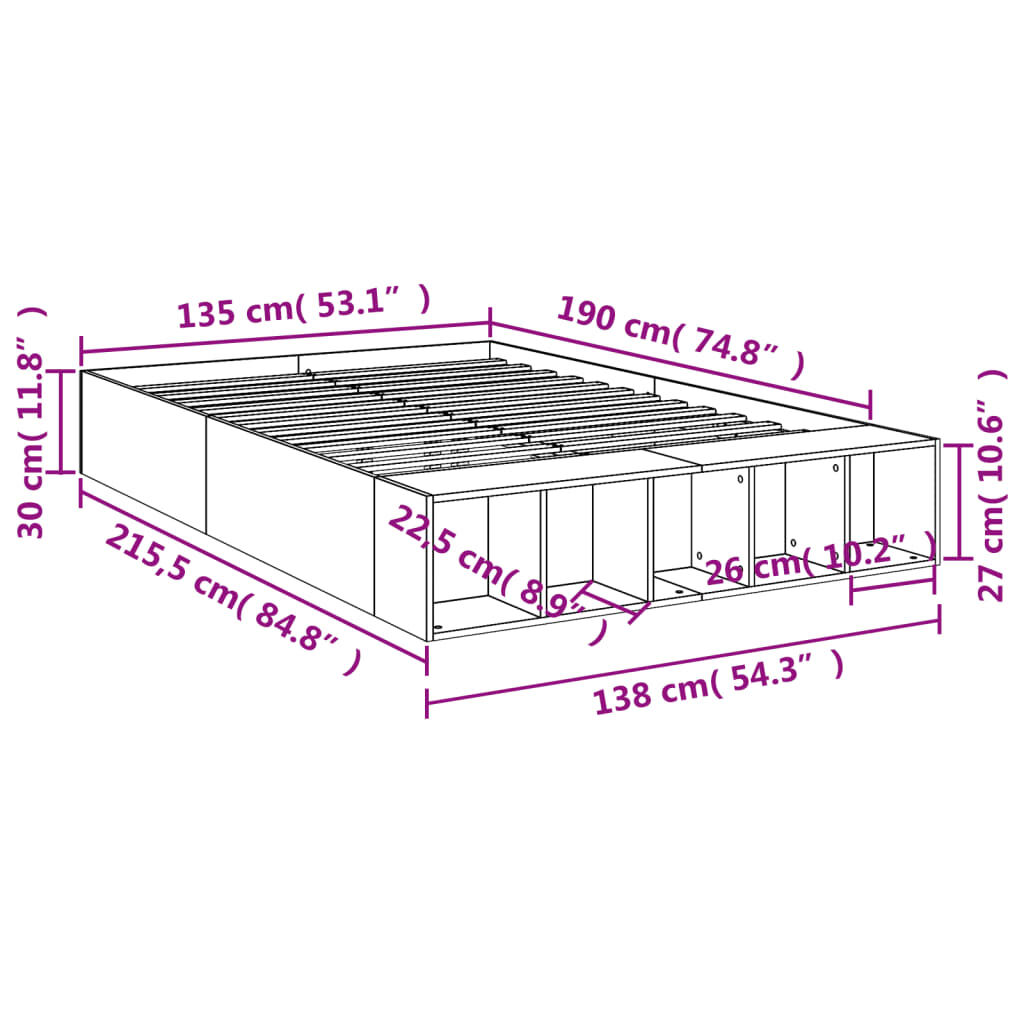 vidaXL Πλαίσιο Κρεβατιού Γκρι Sonoma 135x190 εκ. Επεξεργασμένο Ξύλο