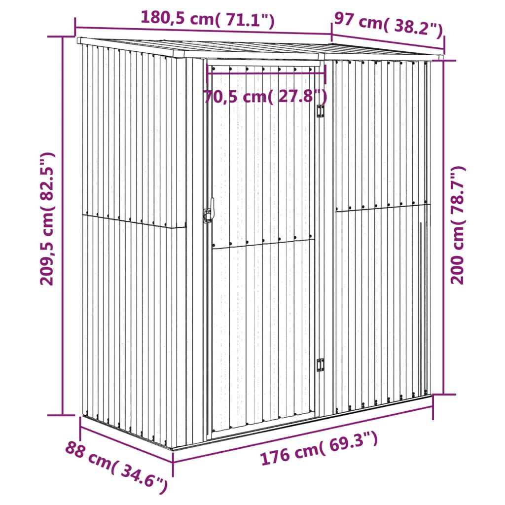 vidaXL Αποθήκη Κήπου Γκρι 180,5 x 97 x 209,5 εκ. από Γαλβαν. Ατσάλι