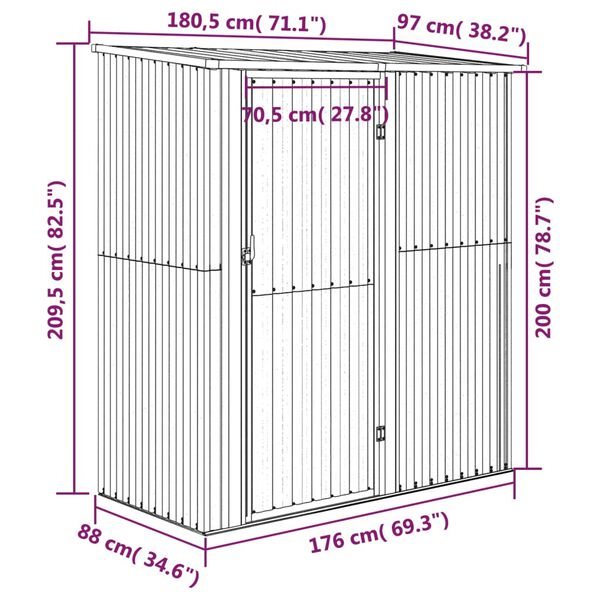 vidaXL Αποθήκη Κήπου Γκρι 180,5 x 97 x 209,5 εκ. από Γαλβαν. Ατσάλι