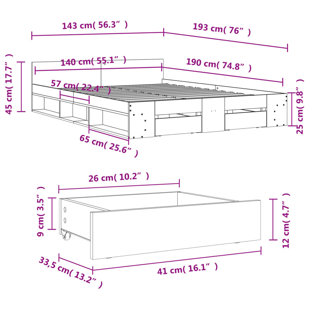 vidaXL Πλαίσιο Κρεβατιού με Συρτάρια Μαύρο 140x190 εκ Επεξεργ. Ξύλο