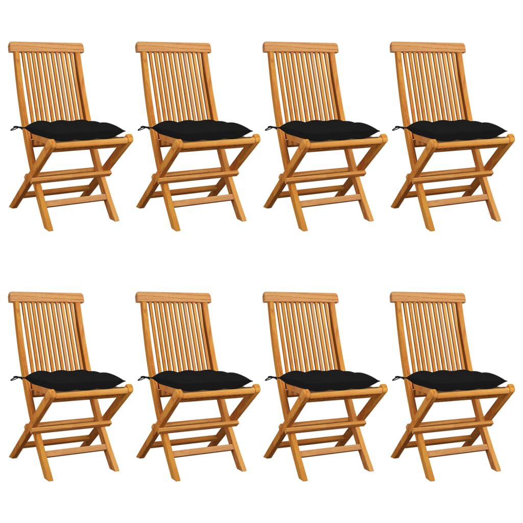 vidaXL Καρέκλες Κήπου 8 τεμ. από Μασίφ Ξύλο Teak με Μαύρα Μαξιλάρια