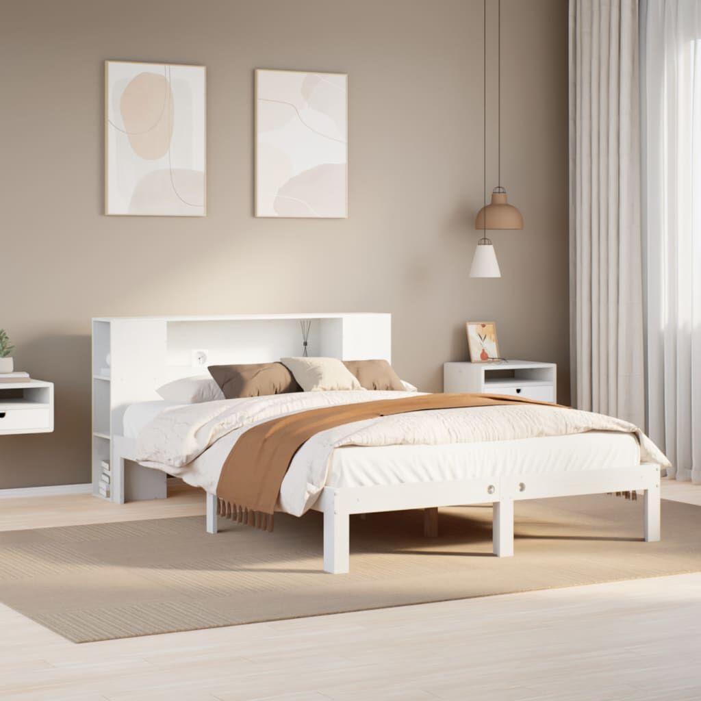vidaXL Κρεβάτι Βιβλιοθήκη Χωρίς Στρώμα Λευκό 135x190 εκ Μασίφ Πεύκο