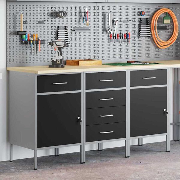vidaXL Ντουλάπα Εργασίας 3 pcs Μαύρο και Γκρι 150 x 55 x 85 εκ