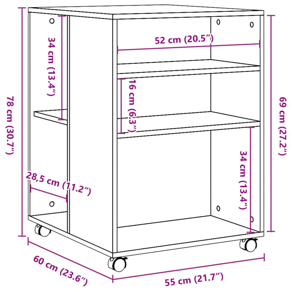 vidaXL Βοηθητικό Τραπέζι με Ρόδες Μαύρο 55x60x78 εκ. Επεξ. Ξύλο