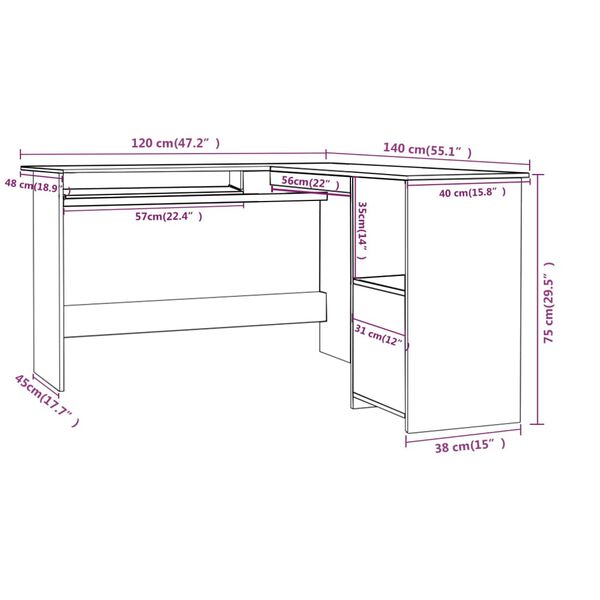 vidaXL Γραφείο Γωνιακό Γκρι 120 x 140 x 75 εκ. από Επεξ. Ξύλο