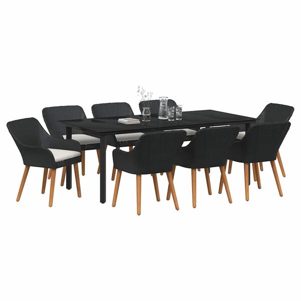vidaXL Σέτ φαγητού για κήπο με μαξιλάρι 9 pcs Μαύρο συνθετικό ρατάν