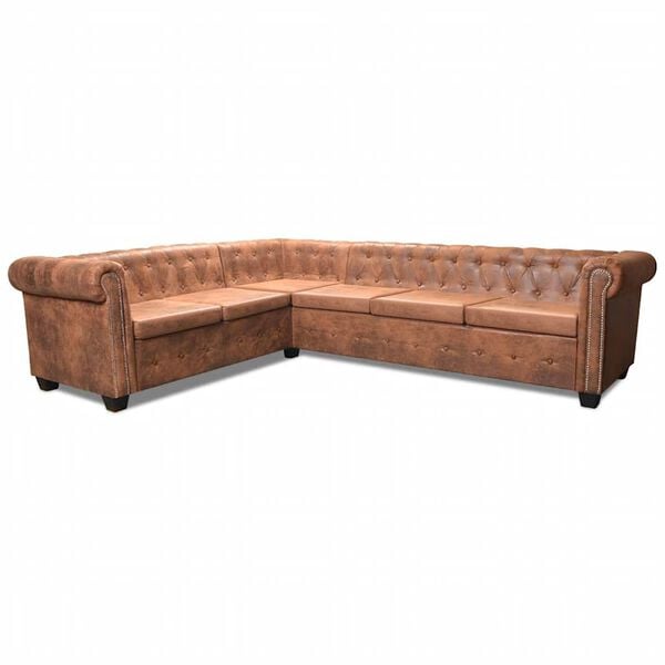 vidaXL Καναπές Γωνιακός Εξαθέσιος Chesterfield Καφέ Συνθετικό Δέρμα