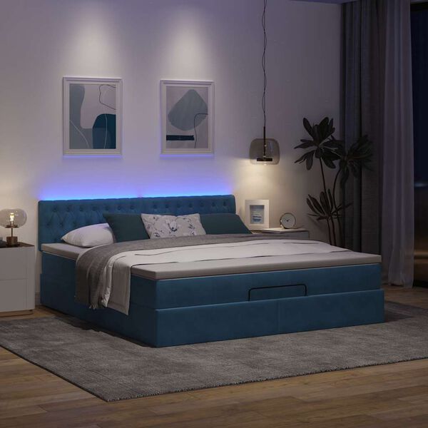 vidaXL Οθωμανικό κρεβάτι με στρώμα&LEDs Σκούρο μπλε 160x200cm Βελούδο