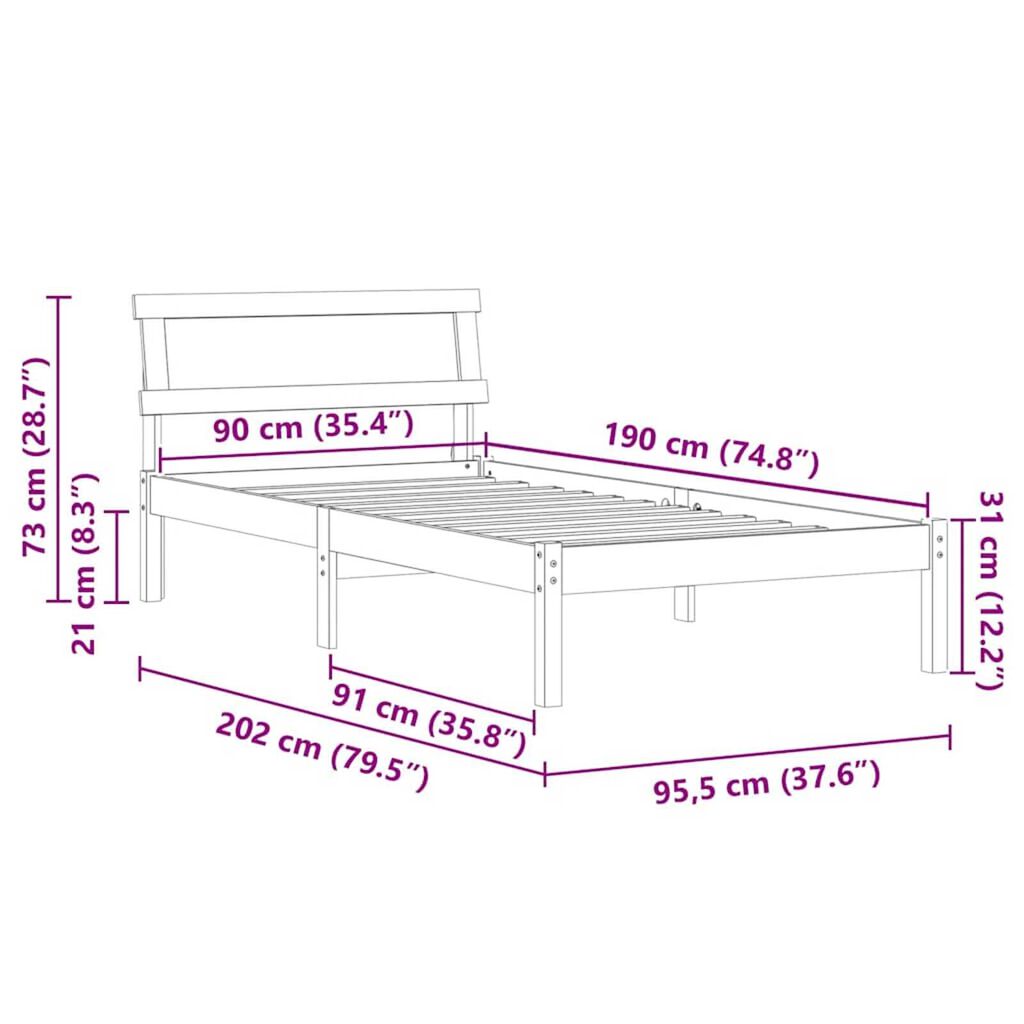 vidaXL Σκελετός Κρεβατιού Λευκό 90 x 190 cm Μασίφ ξύλο πεύκου