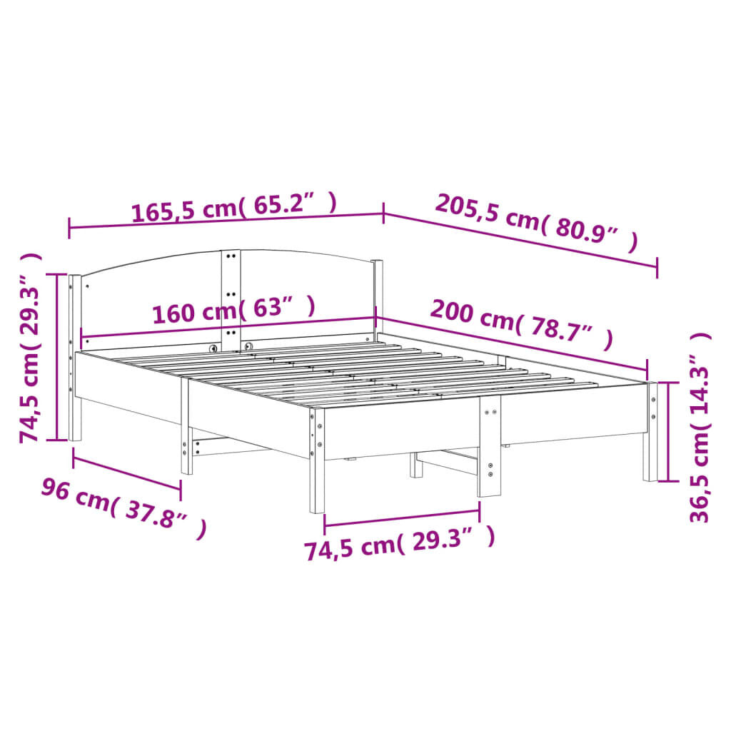 vidaXL Σκελετός Κρεβατιού Χωρίς Στρώμα 160x200 εκ Μασίφ Ξύλο Πεύκου