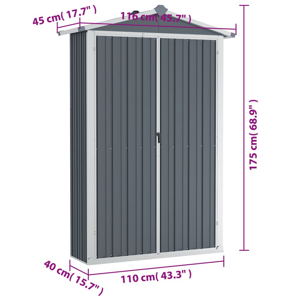 vidaXL Αποθήκη Κήπου Γκρι 116x45x175 εκ. από Γαλβανισμένο Ατσάλι