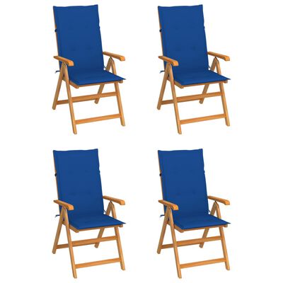 vidaXL Καρέκλες Κήπου 4 τεμ από Μασίφ Ξύλο Teak με Μπλε Ρουά Μαξιλάρια