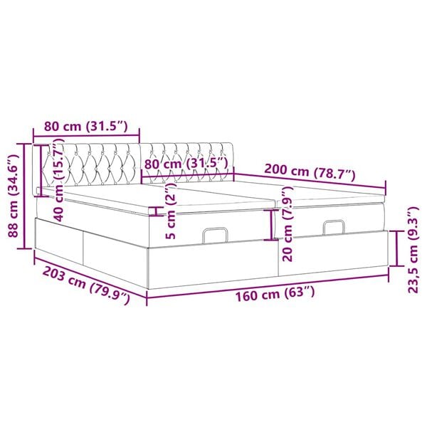 vidaXL Οθωμανικό κρεβάτι με στρώματα&LEDs Σκούρο γκρι 160x200cm ύφασμα