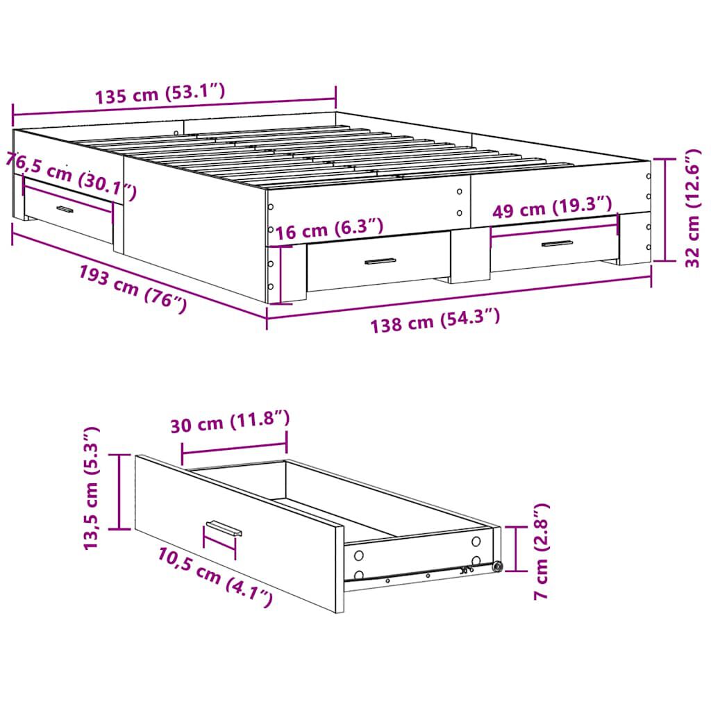 vidaXL Πλαίσιο Κρεβατιού με συρτάρια Sonoma Δρυς 135x190εκ. Επεξ. Ξύλο