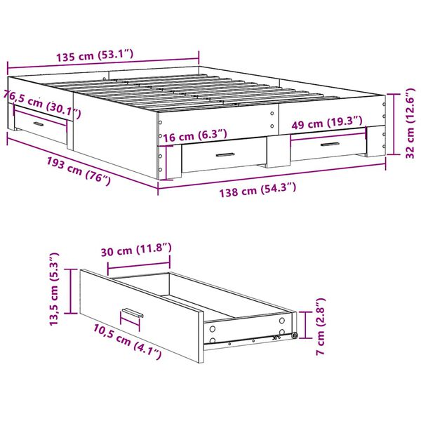 vidaXL Πλαίσιο Κρεβατιού με συρτάρια Sonoma Δρυς 135x190εκ. Επεξ. Ξύλο