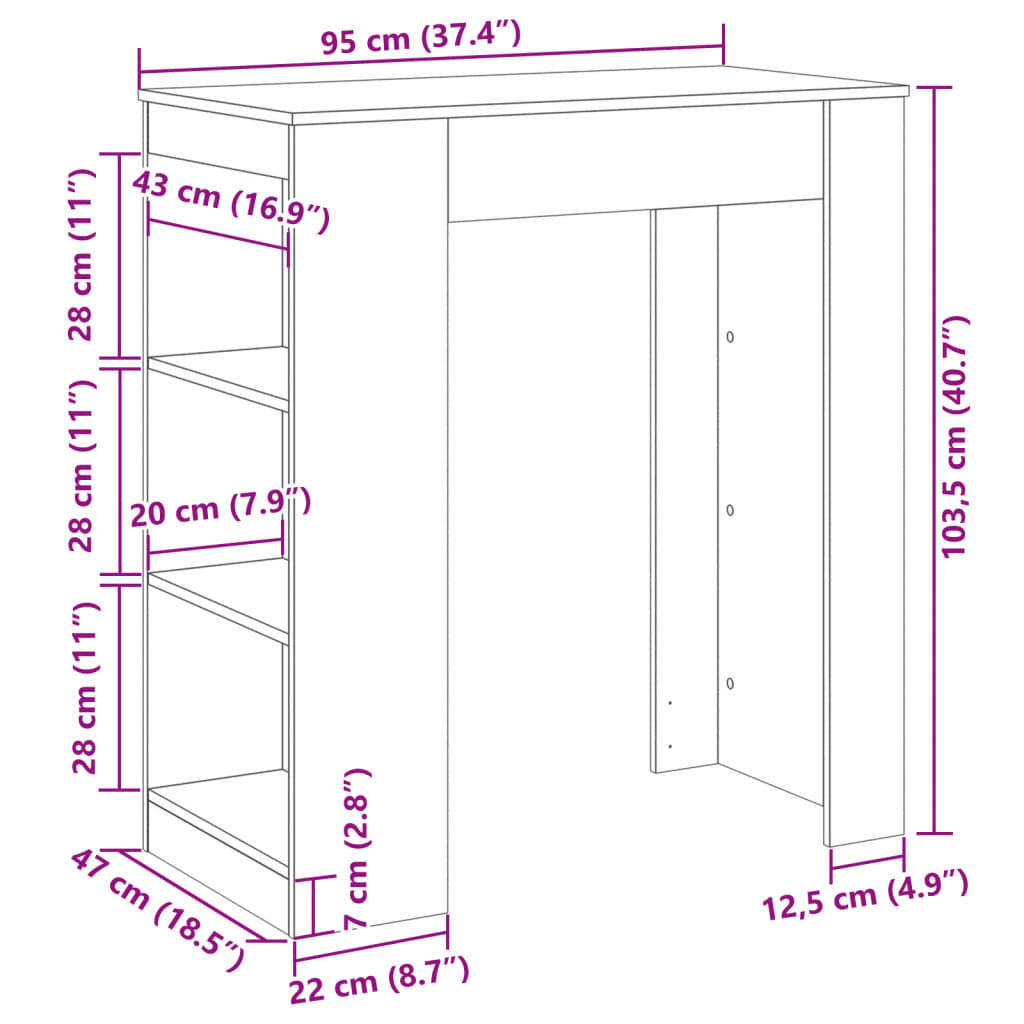 vidaXL Τραπέζι Μπαρ με Ράφια Δρυς 95x47x103,5 εκ. Επεξεργ. Ξύλο