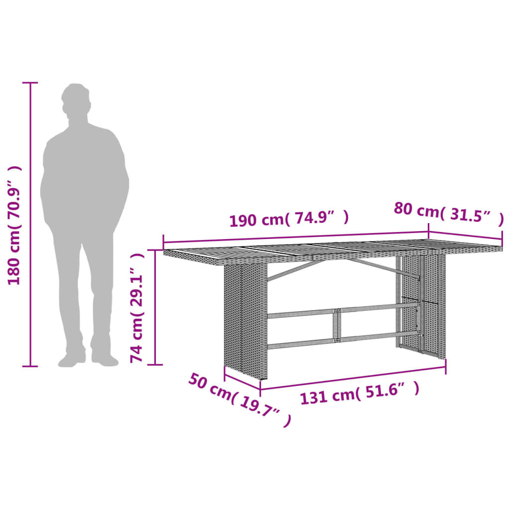 vidaXL Τραπέζι Κήπου Επιφάνεια Ακακίας Γκρι 190x80x74εκ. Συνθ. Ρατάν