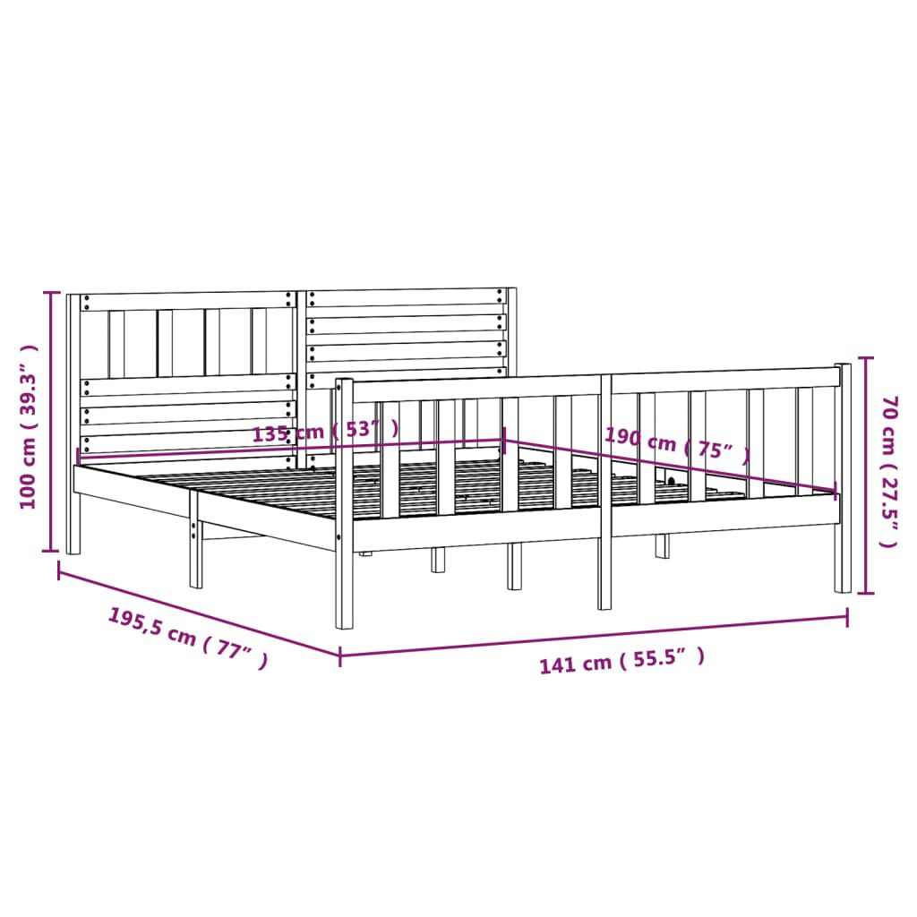 vidaXL Πλαίσιο Κρεβατιού 135 x 190 εκ. από Μασίφ Ξύλο Double