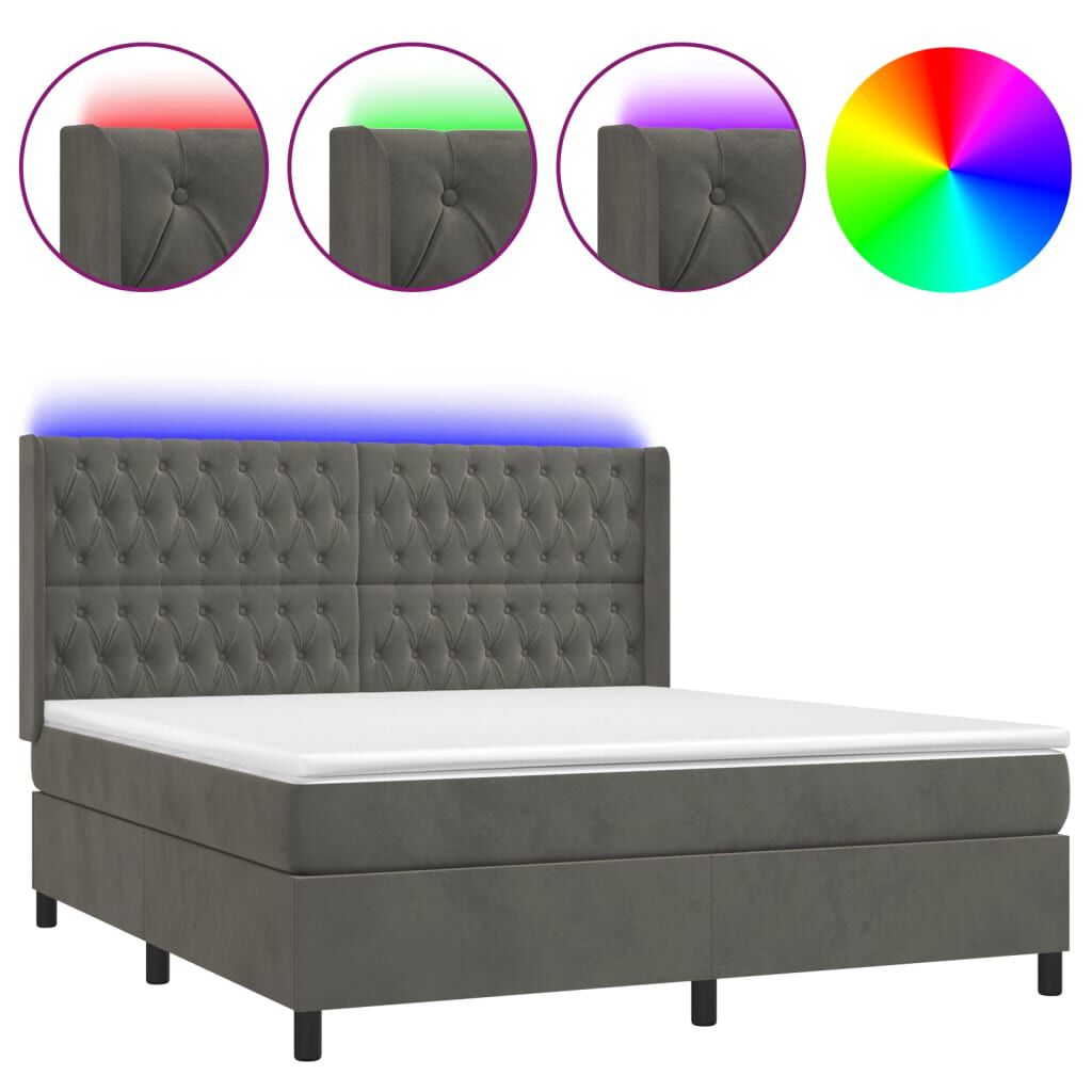 vidaXL Κρεβάτι Boxspring με Στρώμα & LED Σκ. Γκρι 180x200εκ. Βελούδινο