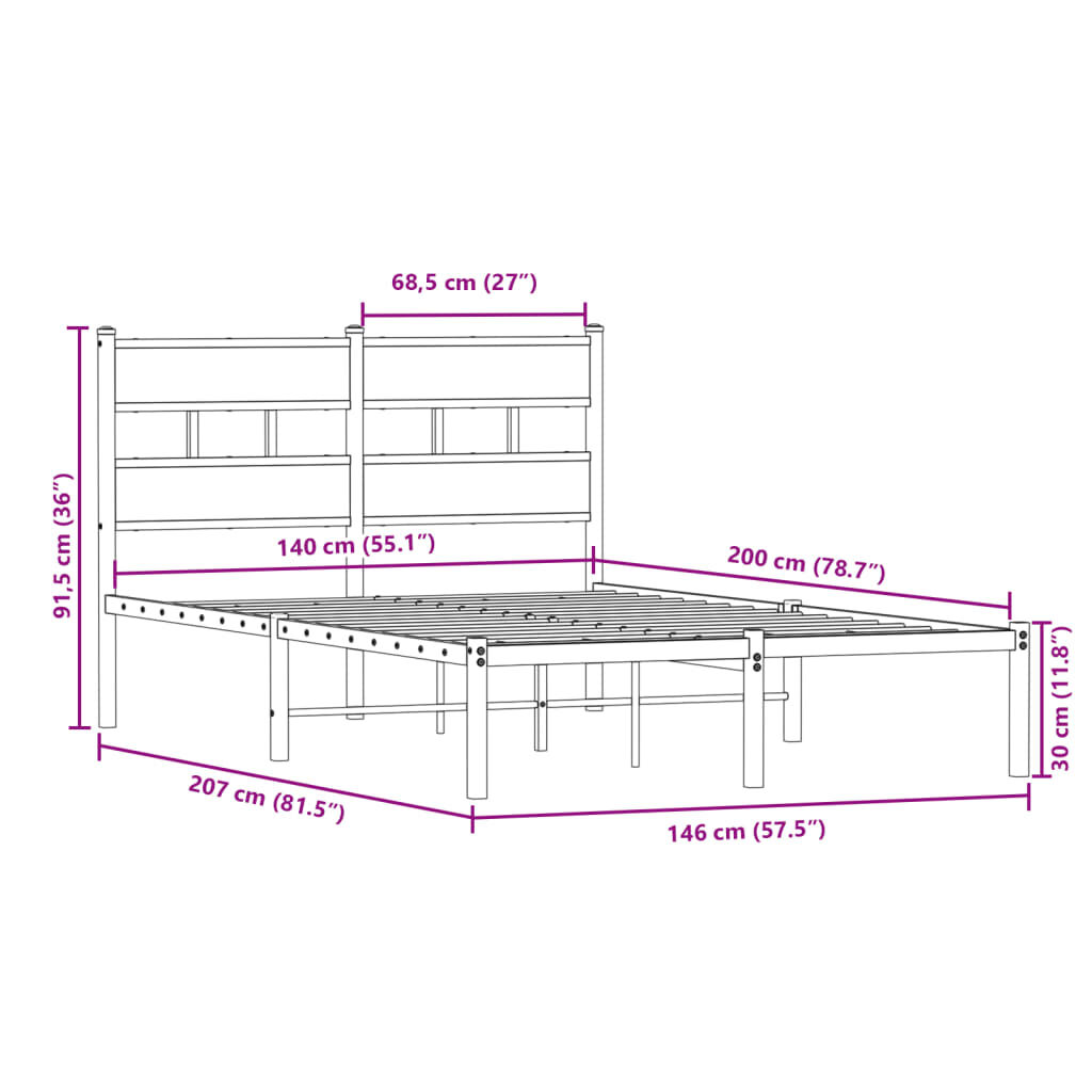 vidaXL Σκελετός Κρεβ. Χωρίς Στρώμα Sonoma Δρυς 140x200 εκ. Μεταλλικό