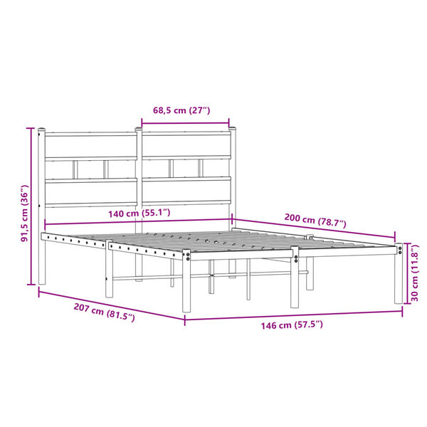 vidaXL Σκελετός Κρεβ. Χωρίς Στρώμα Sonoma Δρυς 140x200 εκ. Μεταλλικό