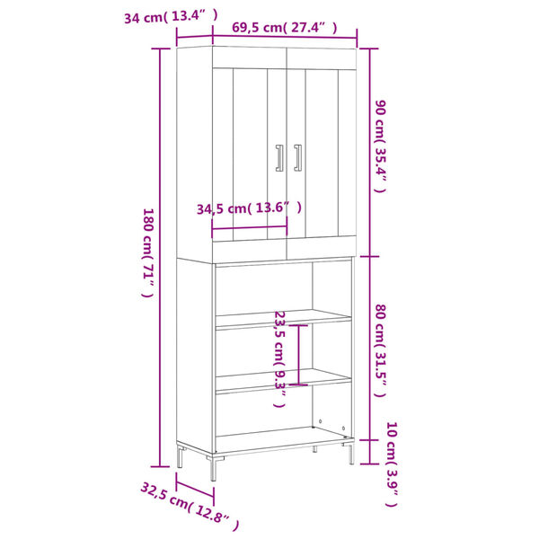 vidaXL Ντουλάπι Γκρι Σκυροδέματος 69,5x34x180 εκ. Επεξεργασμένο Ξύλο